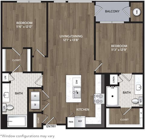 Floor plan for 2 beds, 2 baths, 1104 sqft